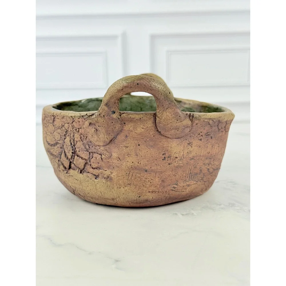 Handmade Studio Pottery Bowl with Handles and Scale Design - Signed!